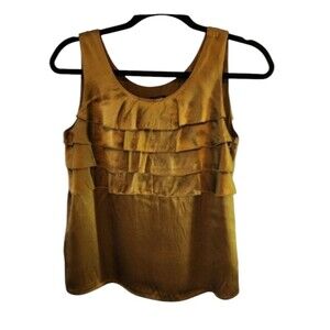 J. CREW FACT 100% SILK GOLD OCHRE BROWN TANK FRONT BACK RUFFLE SIZE 0 SIDE ZIP